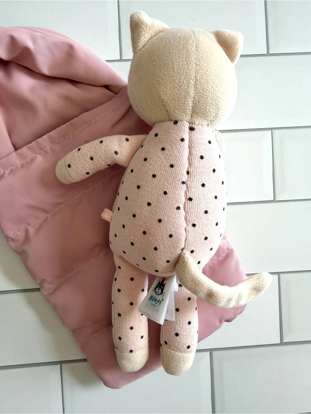 🐱 *Retired* JellyCat Snuggler Cat Pink Polka Dot w/ Sleeping Bag Soft Knit Toy